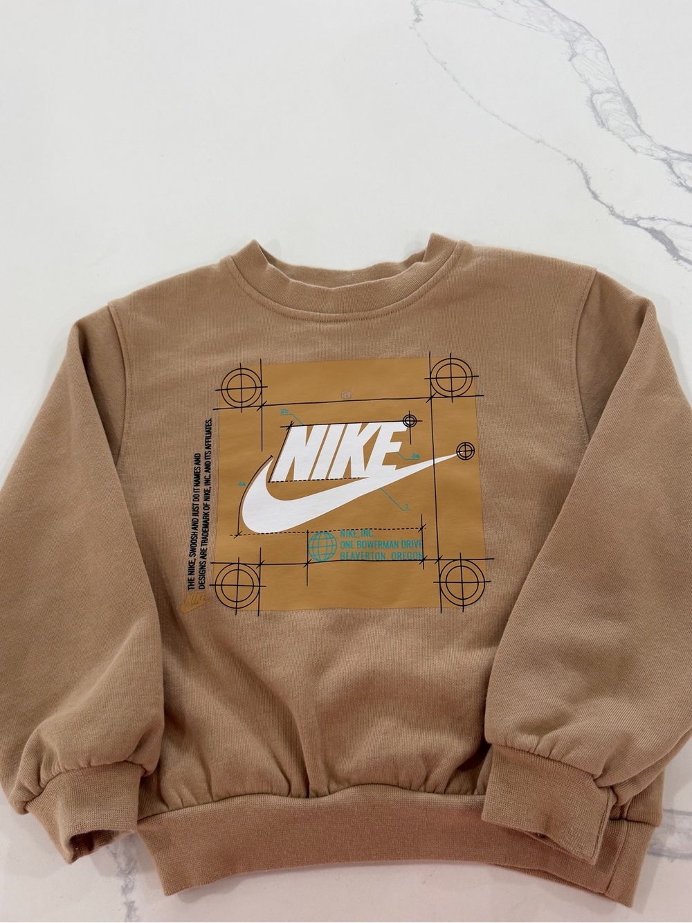 Nike Kids Futura Blueprint Graphic Fleece Crewneck Sweatshirt Tan Size 4 / XS